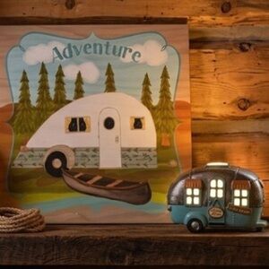CABIN, FUN & ADVENTURE CANVAS ART AND NIGHT LIGHT FOR THE CAMPING GLAM.NEW W/o